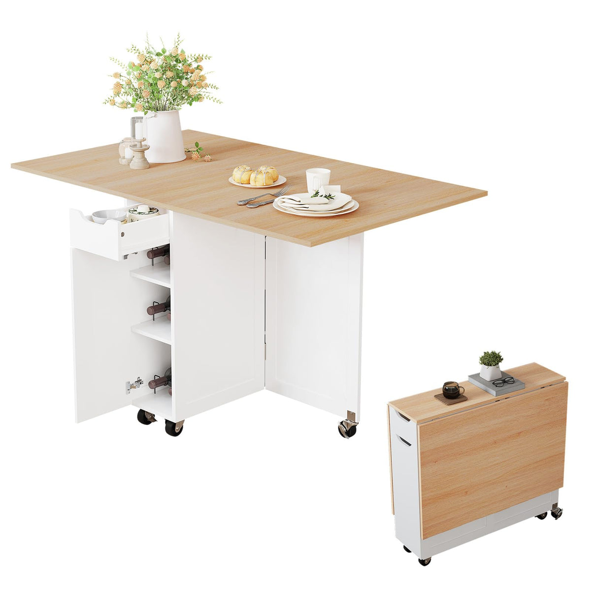 Folding Dining Table, Space Saving Kitchen Table with 6 Wheels(Light Brown)