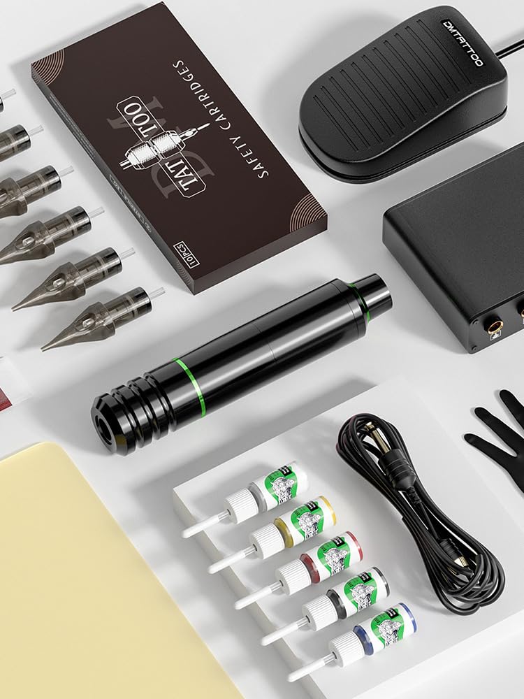 Rotary Tattoo Machine Kit with Tattoo Pen Power Supply 10 Cartridges 10 Color Bottles Foot Pedal for Professional Tattoo Artists Lining and Shading Work,Silver