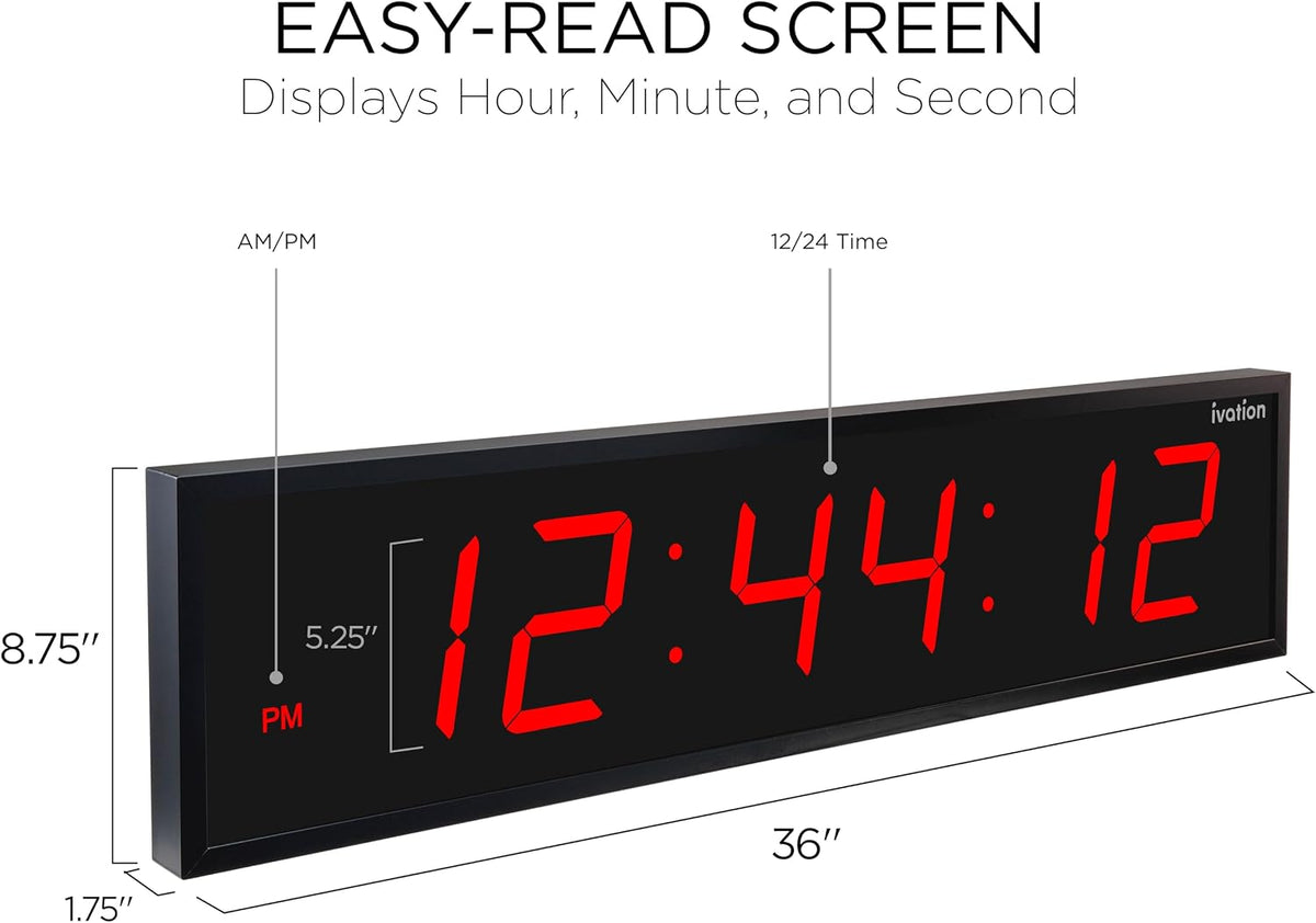 Ivation Oversized Digital Wall Clock with Large LED Display & Timer, 36"