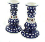 Blue Rose Polish Pottery - Green Mosaic Flower Candlestick Pair - 8" Tall - Hand-Painted Polish Pottery Ceramic Candle Holders