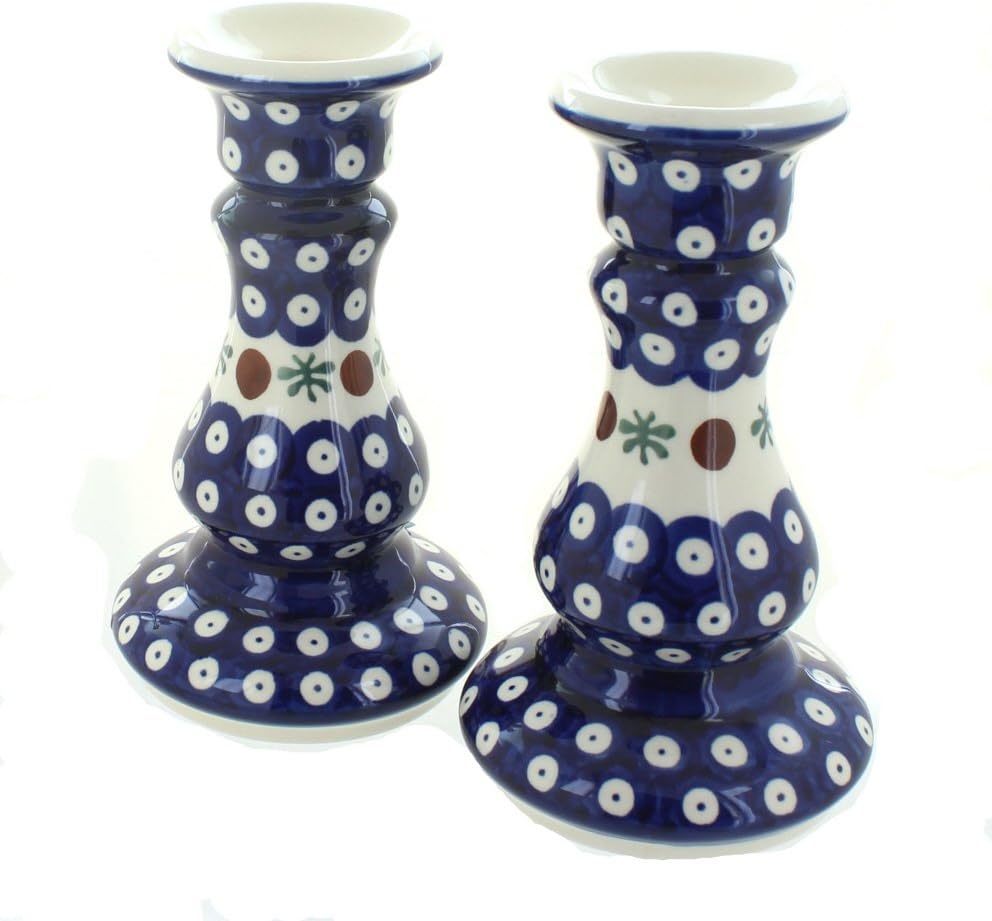 Blue Rose Polish Pottery - Green Mosaic Flower Candlestick Pair - 8" Tall - Hand-Painted Polish Pottery Ceramic Candle Holders