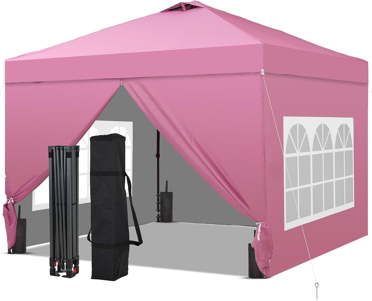 GDY 10x10FT Pop-Up Canopy Tent — with 4-Side Walls & Vented Top, Portable Outdoor Event Tent for Garden, Poolside, Parks, Parties,Camping, Pink.