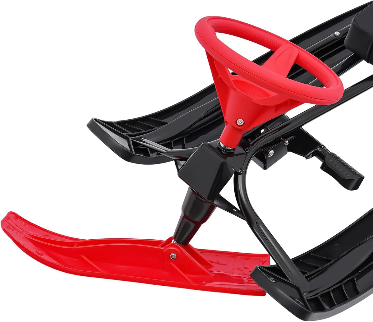 Snow Sled for Kids, Snow Racer Sled with Steering Wheel, Winter Ski Sled Snow Sled KidSuitable for 3-15 Years Kid, Red