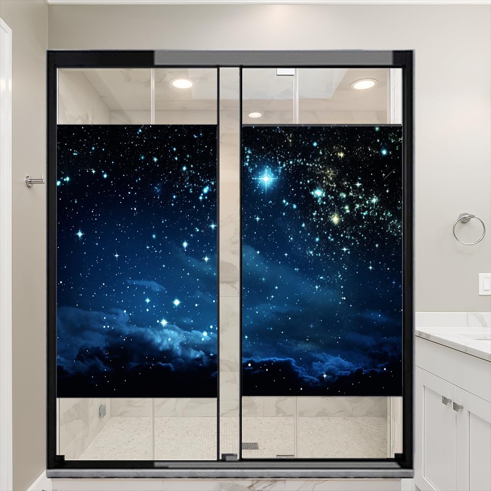 Abstract Universe Privacy Window Film Blue Galaxy Mysterious Planet Stained Glass Window Coverings Adhesive Sticker Frosted Window Film for Home Office Stores 31.5Wx47.2L-inch x2 Pcs