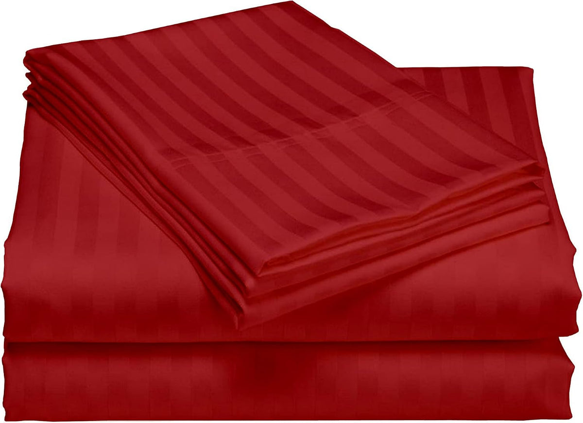 USA Full Sheet Set in Burgundy Stripe 400 Thread-Count 100% Egyptian Long Staple Cotton, Sateen Weave for Soft and Silky Feel, Breathable 4-Piece Bedsheet, Elasticized 24'' Extra Deep Pocket