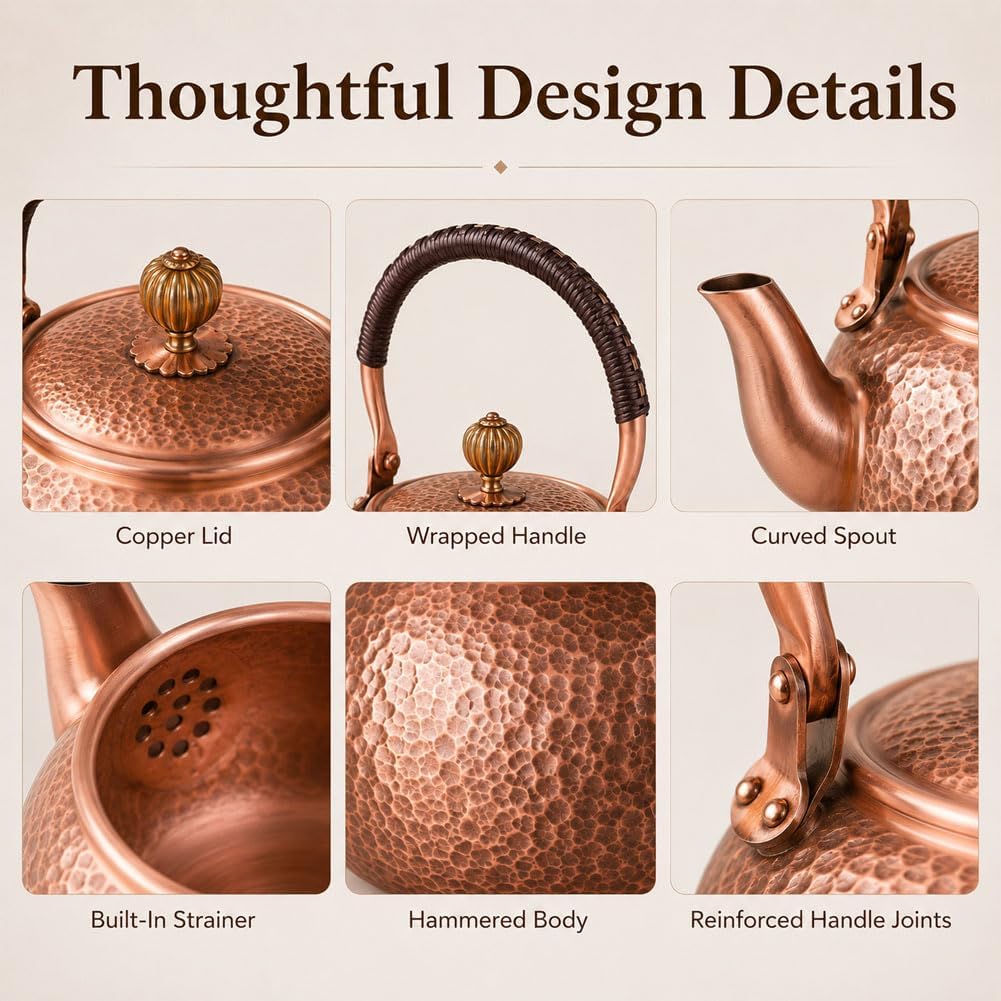 Handmade Copper Stovetop Teapot Kettle, Solid Copper Tea Kettle with Vintage Hammer Design, Thickened Household Boiling Teapot for Induction, Electric, Easy to Clean (A*1200ML)