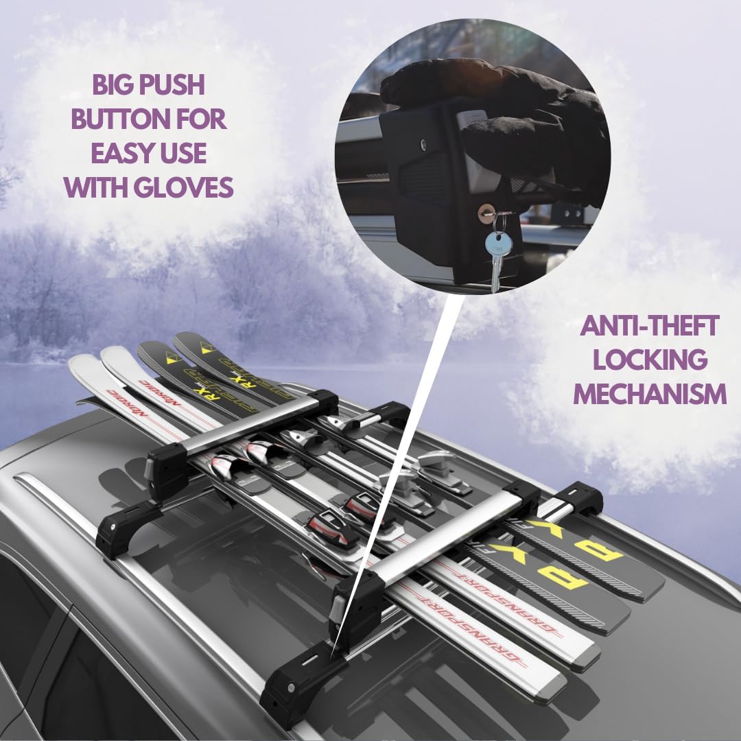 Erkul Ski Rack for Car Roof with Sliding Extension - 25" Universal Ski & Snowboard Rack with Lock | Holds 4 Pairs of Skis or 2 Snowboards - Fits All Types of Cross Bars-Black