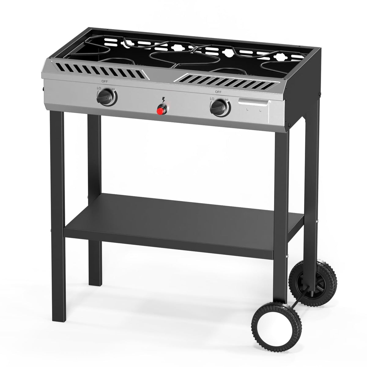 Bonnlo 2 Burner Propane Gas Burner with Auto Ignition, 150000 BTU Camping Stove with Storage Shelf and Rolling Wheels, Portable Outdoor Cooker for Patio Backyard Cooking Frying Boiling and Stewing