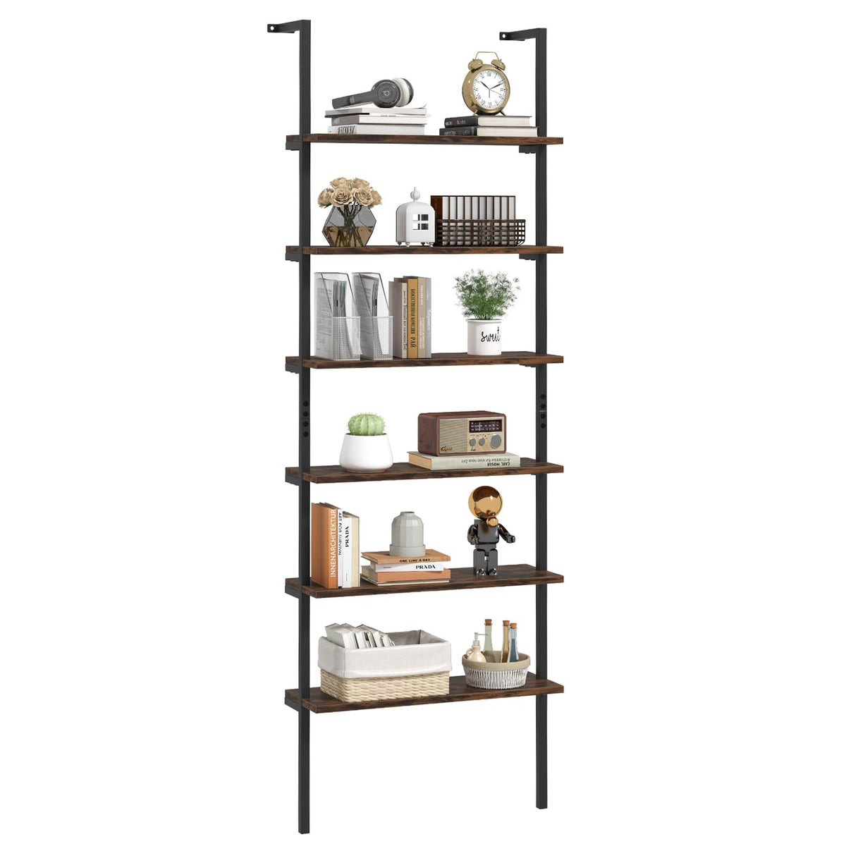 GIANTEX 6-Tier Ladder Shelf, 72" Wall Mounted Bookshelf with Metal Frame, Industrial Open Storage Shelves, Wooden Bookcase Display Rack for Living Room, Home Office, Bedroom (2,Rustic Brown)