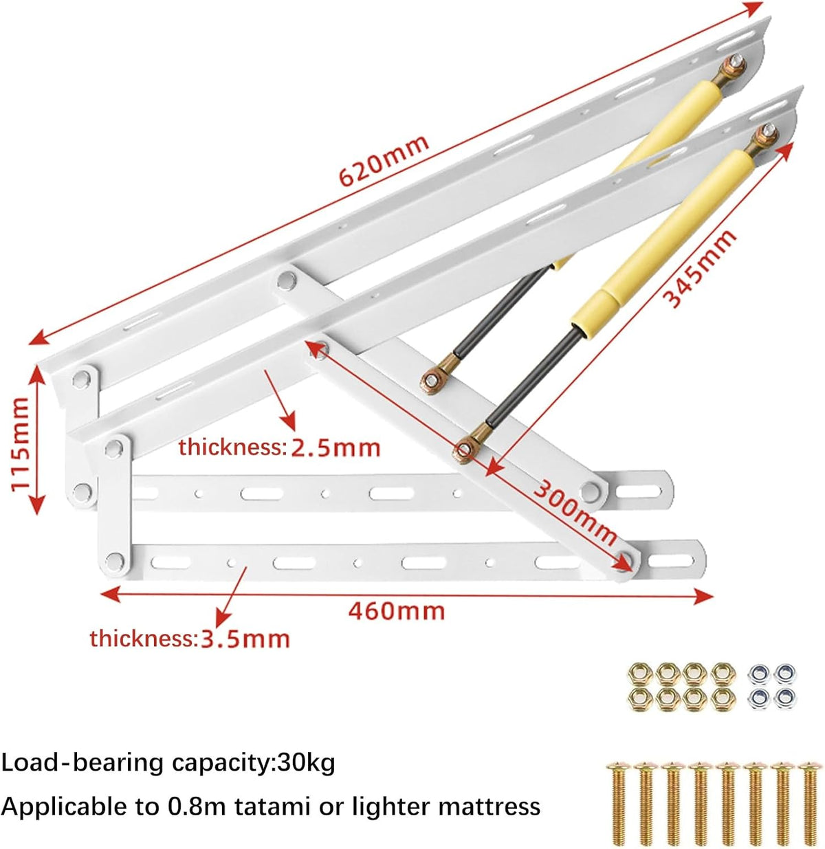 1 Pair Bed Lift Mechanism Heavy Duty Gas Spring Bed Storage Lift Kit, Hydraulic Pneumatic Rod Folding Lift For Bed Gas Spring Bed Storage Lift Kit, Folding Bed Accessories, 62-150cm(White,620mm)
