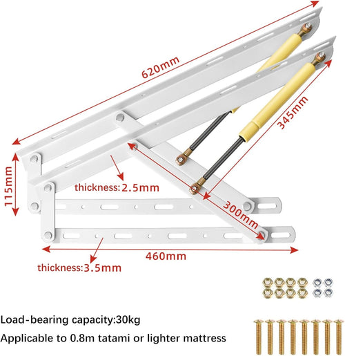 1 Pair Bed Lift Mechanism Heavy Duty Gas Spring Bed Storage Lift Kit, Hydraulic Pneumatic Rod Folding Lift For Bed Gas Spring Bed Storage Lift Kit, Folding Bed Accessories, 62-150cm(White,620mm)