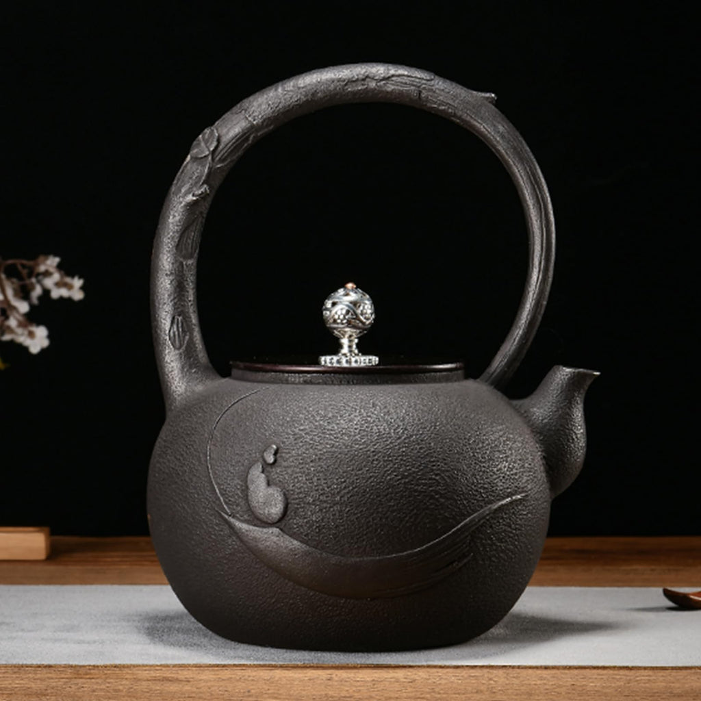 Cast Iron Teapot, Stovetop Safe Tea Kettle With handle, Asian Style Handmade Tea Pot For Home Camping Outdoor Use(1.2L, BlackB)