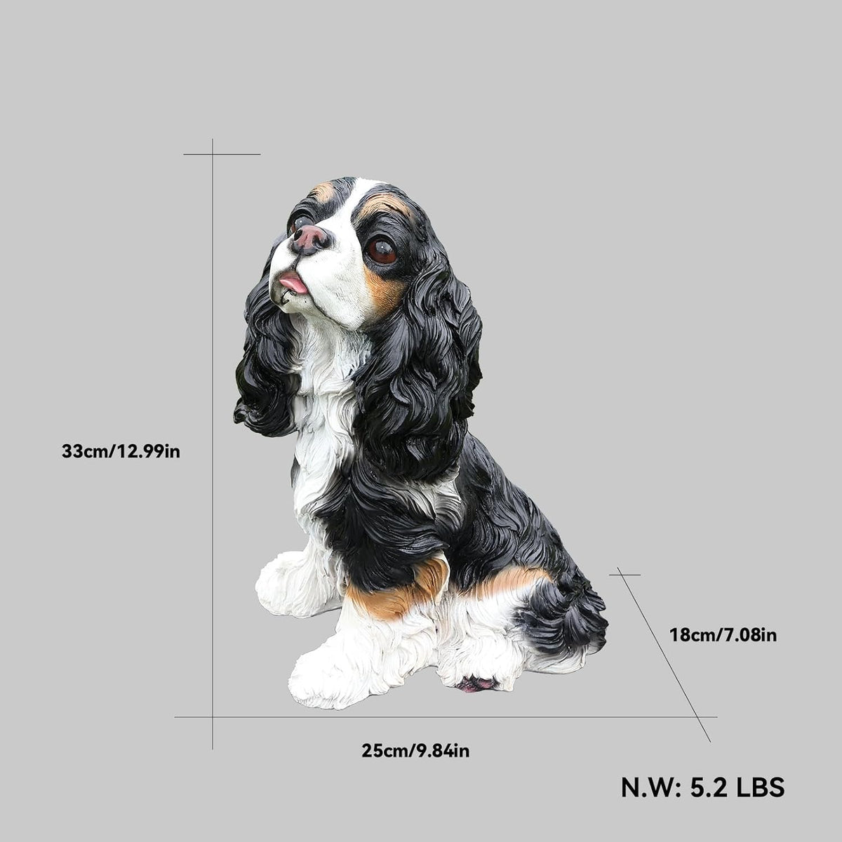 Lifelike Black and White Cocker Spaniel Garden Statue with Solar Lantern and Decorative Tag, Resin Puppy Figurine Outdoor Decor, Yard Art for Patio Lawn Porch