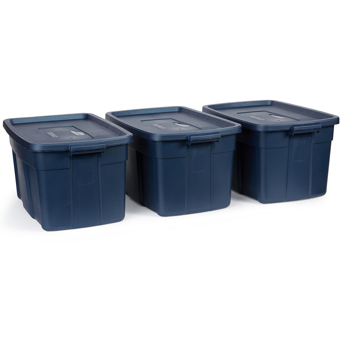 Rubbermaid Roughneck Tote 18 Gal, 6 Pack, Made in USA, Dark Indigo Metallic, Rugged Plastic Stackable Storage Bins with Lids and Handles