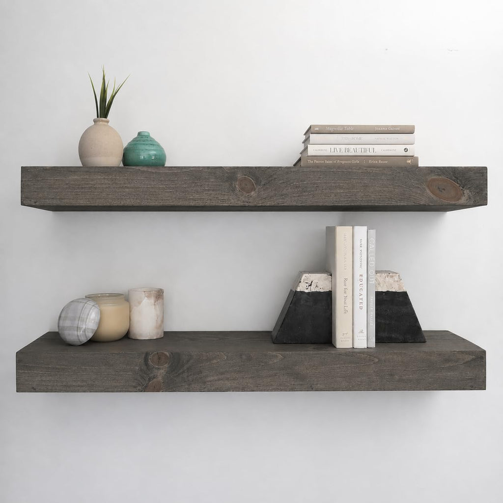 Urbandi Modern Floating Shelves 3 Inches Thick for Wall, Wide Shelves for Kitchen, Living Room, Bedroom, and Bathroom, Natural Pine Wood, Rustic Wooden Shelf, (Set of 2) (Aged Oak, 24Lx3Hx8D)