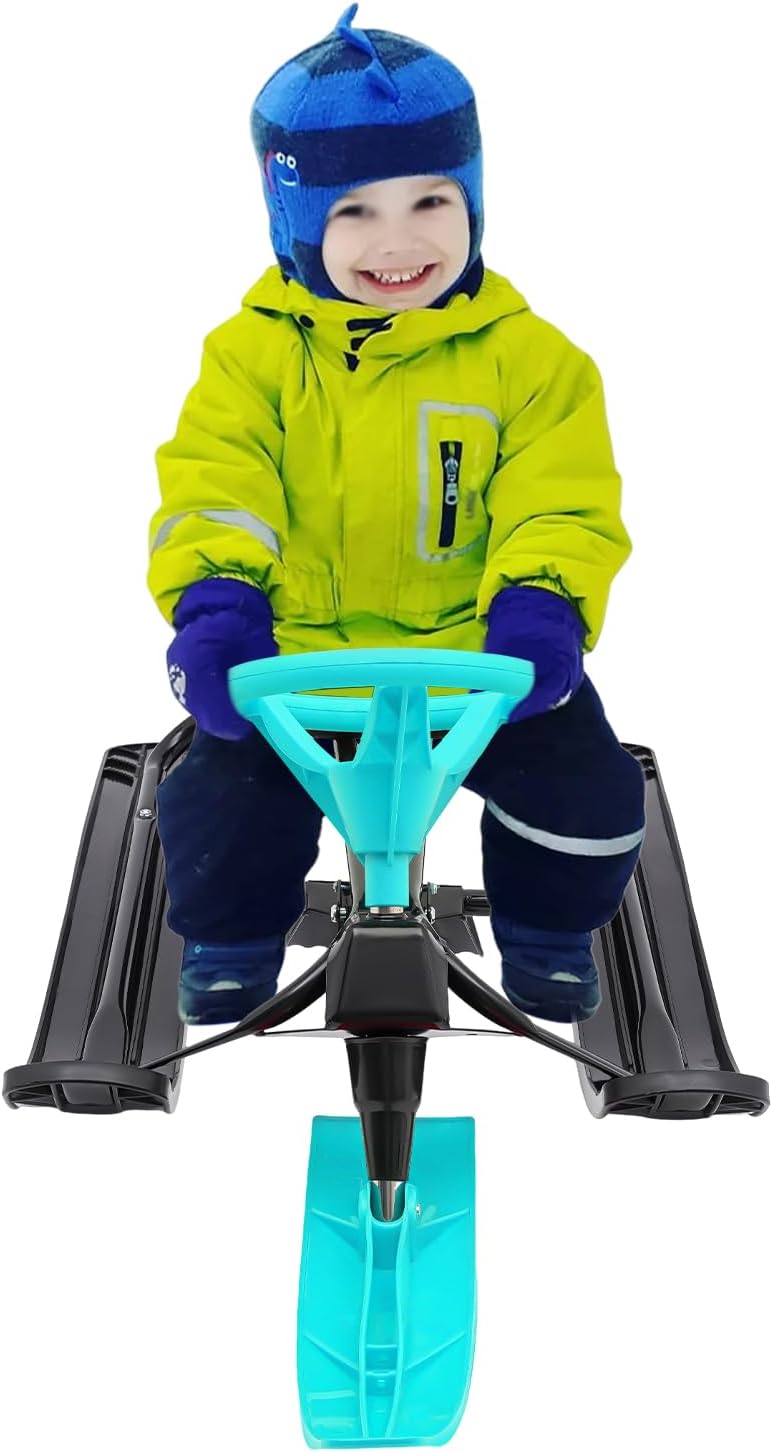 Snow Racer Sled, 18 in Ski Sled Slider Board with Flexible Steering Wheel, Two Serrated Brakes for Kids and Adult, Kids Teens Winter Sport Ski Sled Board- Ideal Gift - Max Weight 220.5lb