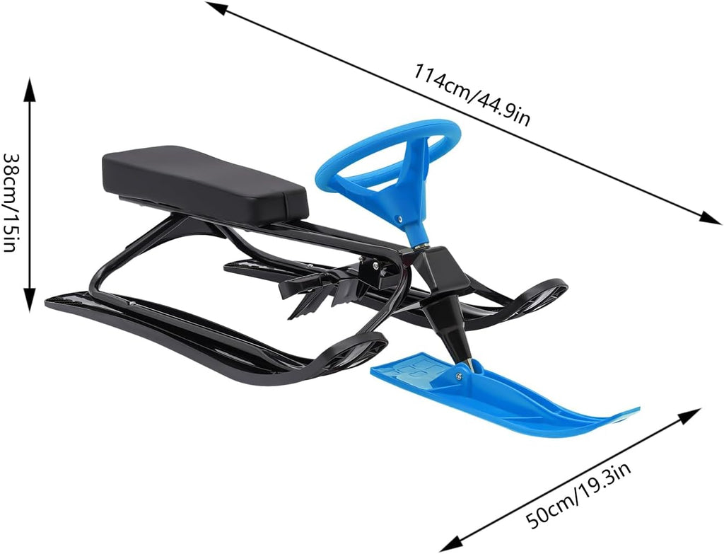 Snow Racer Sled with Steering Wheel and Brakes, Durable Steel Frame, Downhill Steerable Sled for 220 LBS Kids, Teenagers, Adults