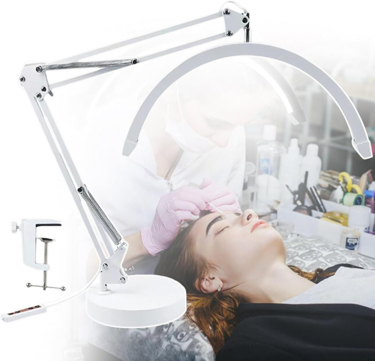 Eyelash Extension LED Desk Lamp, Dimmable Swing Arm Nail Lamp for Manicurists, Beauticians (White)
