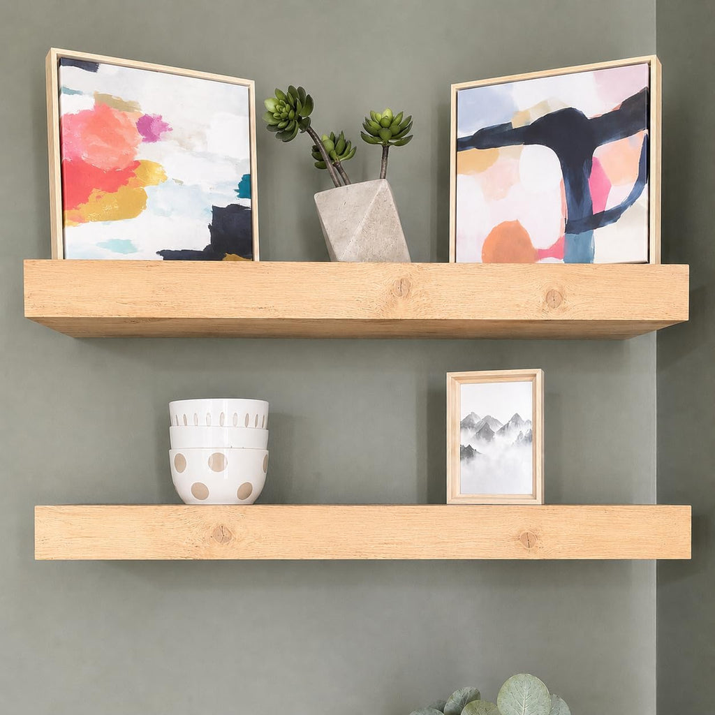 Urbandi Modern Floating Shelves 3 Inches Thick for Wall, Wide Shelves for Kitchen, Living Room, Bedroom, and Bathroom, Natural Pine Wood, Rustic Wooden Shelf, (Set of 2) (Aged Oak, 24Lx3Hx8D)