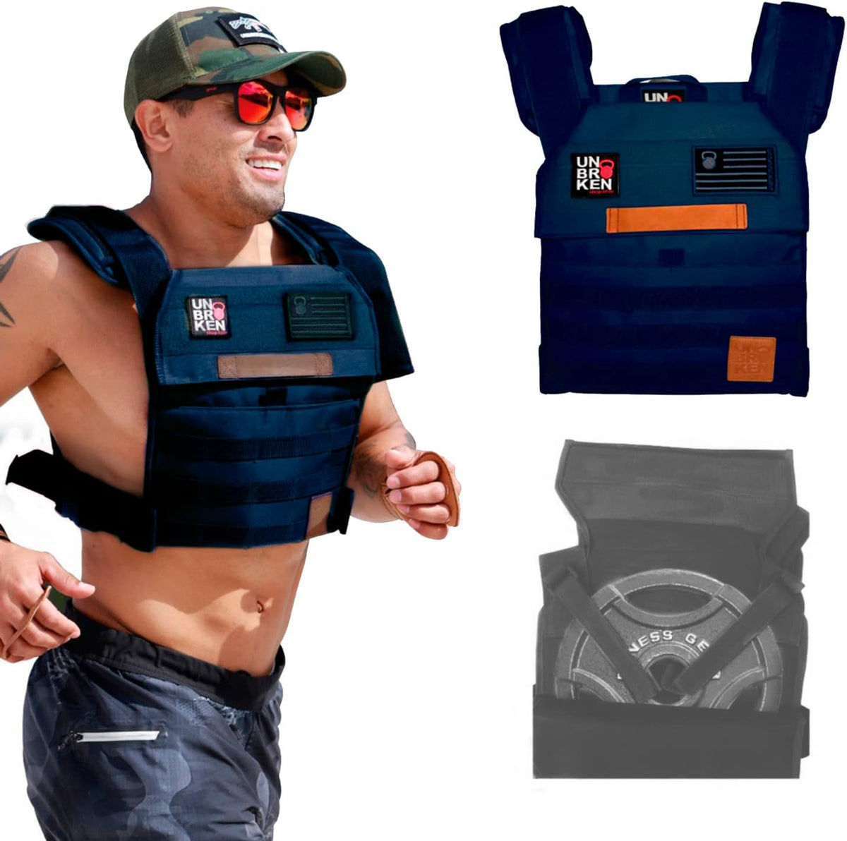 UNBROKENSHOP Adjustable Weighted Vest, WOD CrossFit, Weight Plates Carrier for Strength and Endurance Training and Running. For Men or for Women, 2 Patches Included, Navy blue