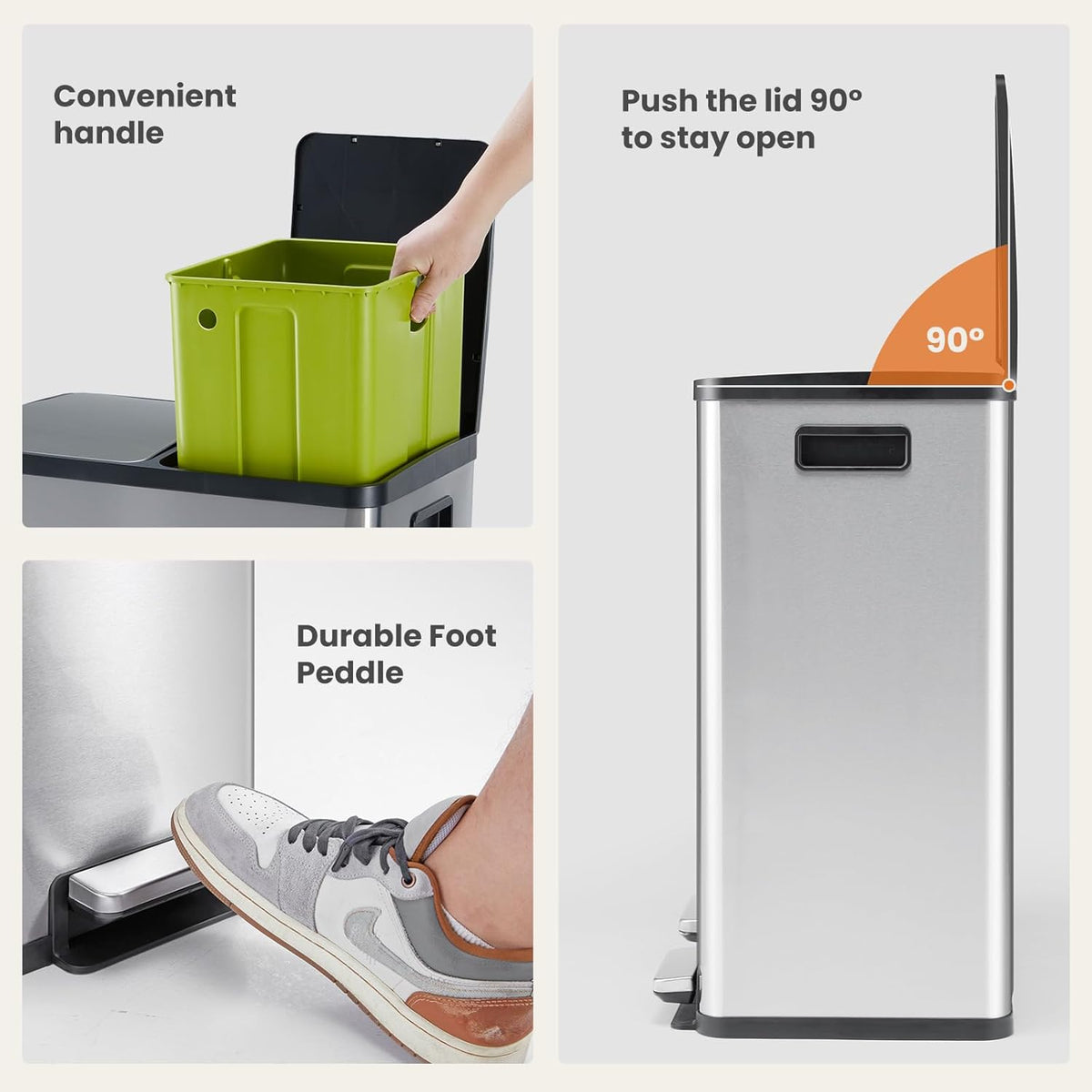 NEWBULIG 16 Gallon Dual Compartment Kitchen Trash Can, Stainless Steel, 60L