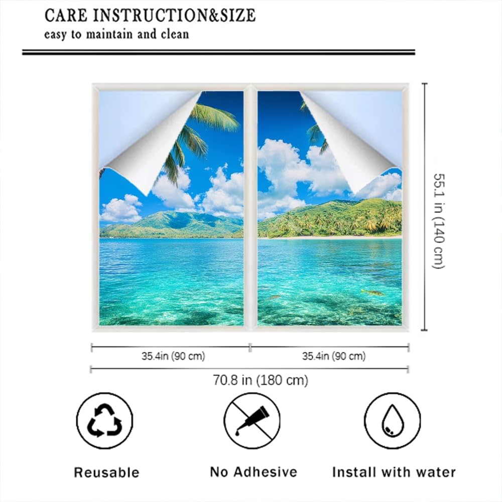 Watercolor Tropical Landscape Window Privacy Film 35.4Wx55.1L inch x 2pcs
