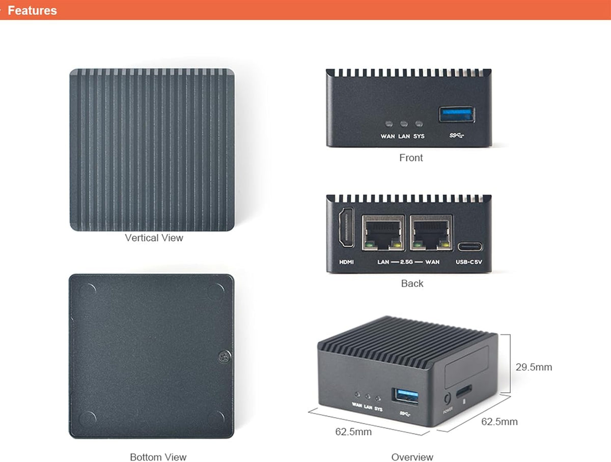 NanoPi R76S Mini Router, RK3576 Octa-Core SoC with 6TOPS NPU AI Model, LPDDR4X 4GB RAM 64GB eMMC, Dual 2.5G Ethernet, Support M.2 Wi-Fi Module (None M.2 WiFi, LPDDR4X 4GB, Power Kit)