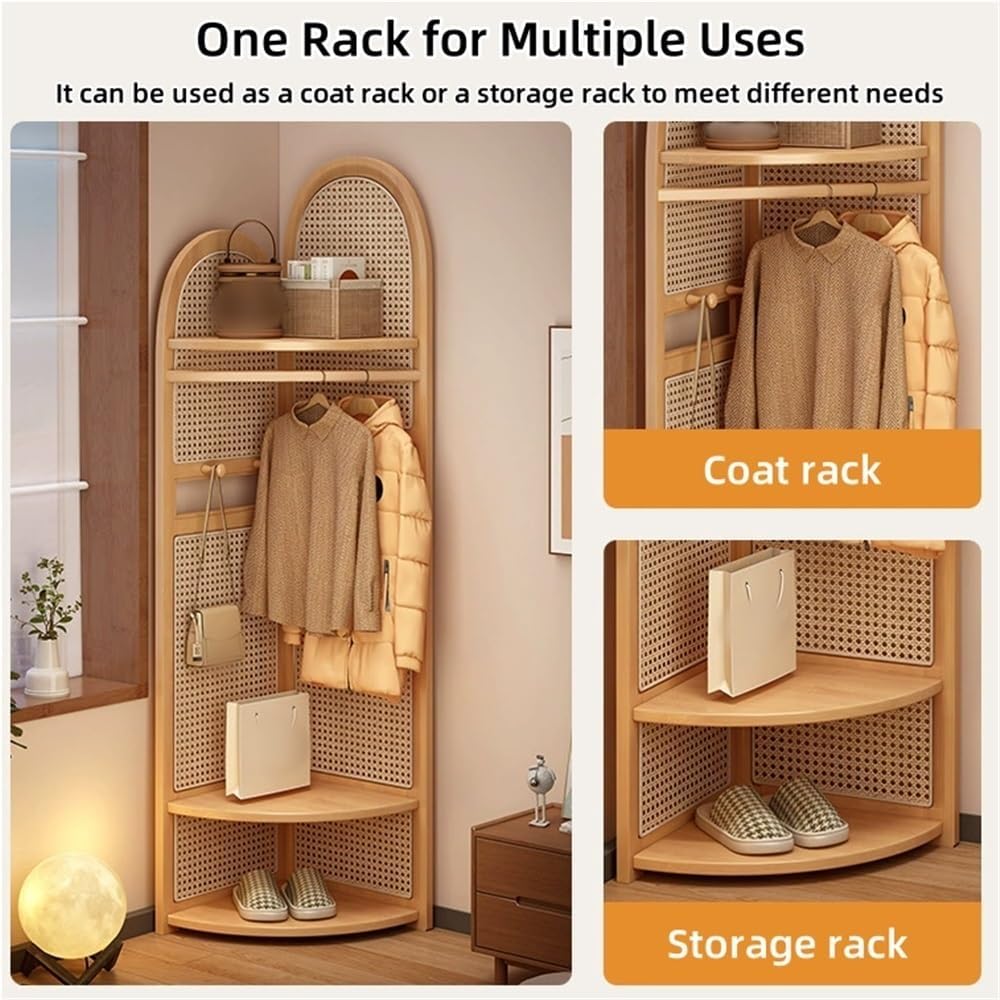 Freestanding Entryway Coat with Hooks, Boho Floor Standing Clothes Rack with Shoes Shelf, Rattan Clothes Rack Corner for Bedroom, Living Room, Hallway 17''x17''x76''(Brown A)