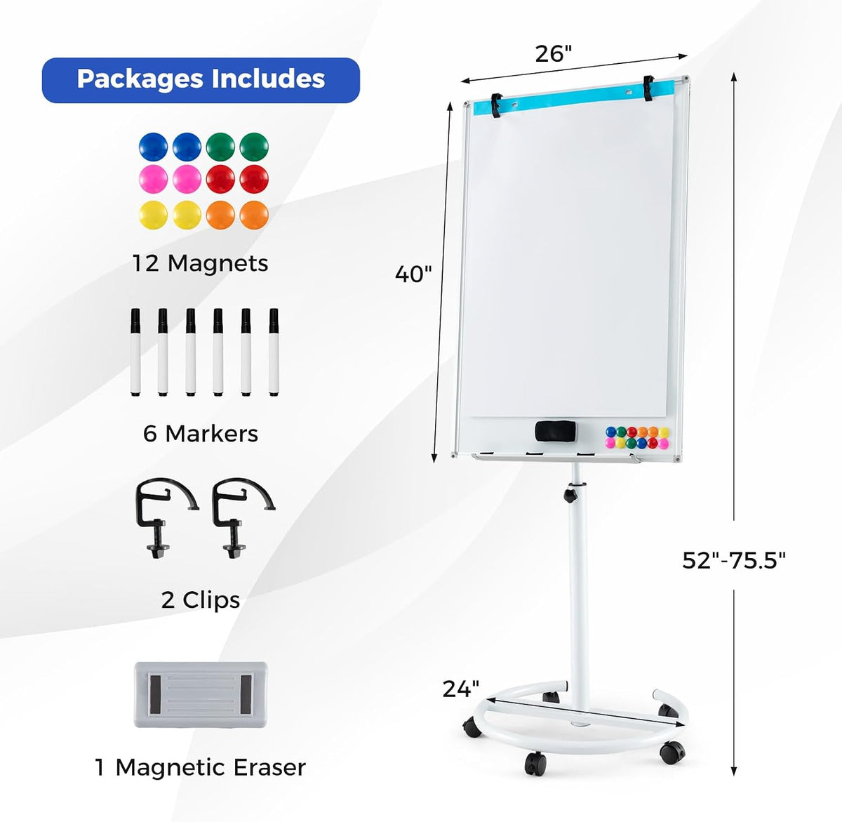 Goplus 40” x 26“ Rolling Whiteboard, Magnetic Dry Erase Board on Wheels
