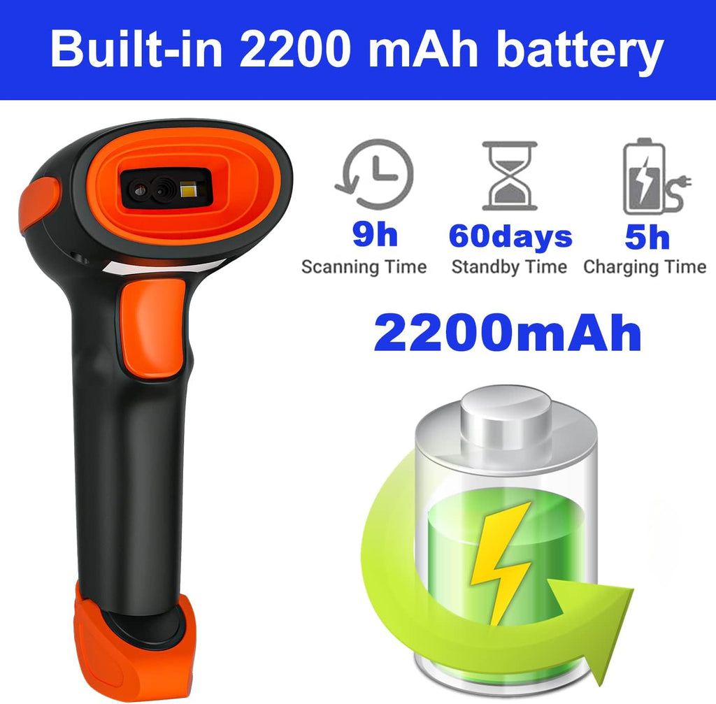 LENVII CW200 2D Barcode Scanner Wireless 2 in 1 Handhold Barcode Reader QR Code Scanner USB Bar Code Scanner for Shop use Store,Supermarket, Warehouse (Orange)