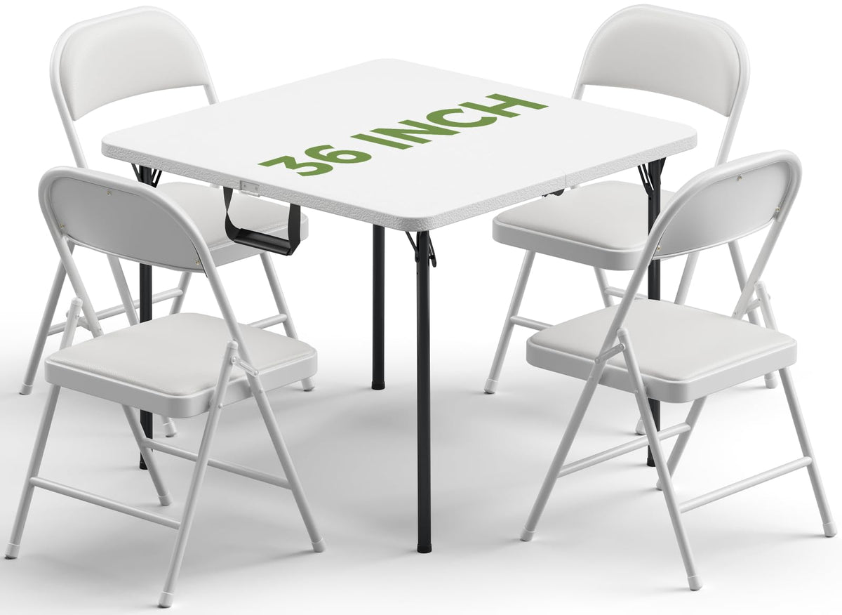 Folding Table and Chairs Set for 4, 36 Inch Foldable Card Table with Carrying Handle & 4 PU Leather Padded Folding Chairs, Portable Indoor Outdoor Dining Table Set for Picnic, Camping, RV, Game Night