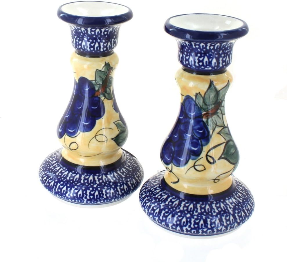 Blue Rose Polish Pottery - Green Mosaic Flower Candlestick Pair - 8" Tall - Hand-Painted Polish Pottery Ceramic Candle Holders