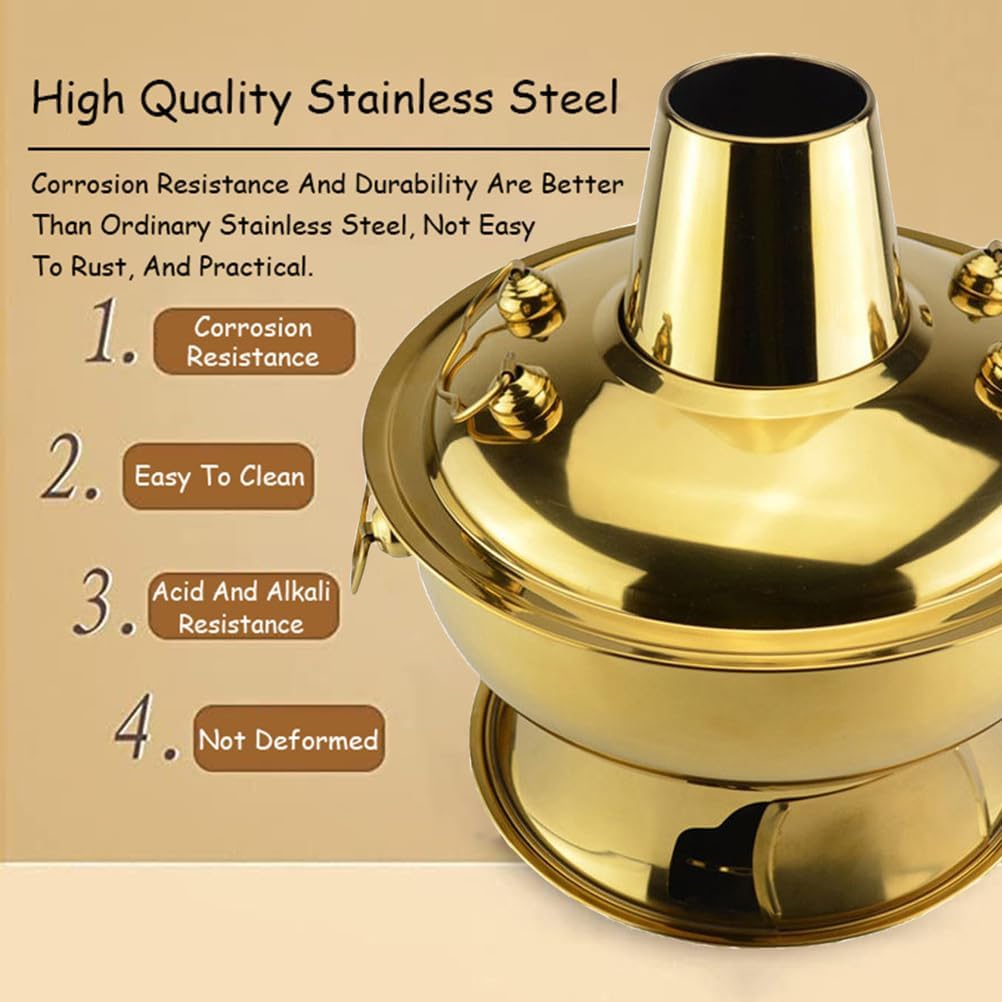 Hot Pot, Chinese Charcoal Hotpot, Extra Thick Stainless Steel Stew Pan, Vintage Hot Pot with Chimney Shabu Shabu Hotpot for Family Dinners and Stewed Lamb Camping,Brass,32cm/12.6inch