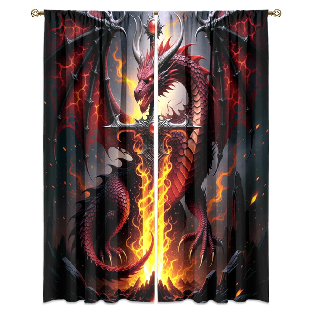 Fantasy Mythical Animal Dragon Curtains,Dreamy Galaxy Full Moon Room Darkening Blackout Window Treatment,Mythological Wildlife Dragon Rod-Pocket Privacy Curtains,2pcs,Each 52“W x 96”L