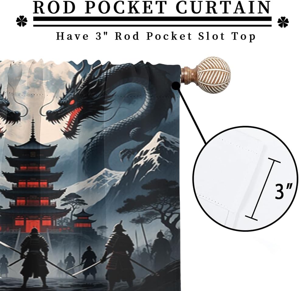 Traditional Ukiyoe Wildlife Dragon Curtains-Dreamy Ancient Japan Architecture Rod Pocket Back Tab Window Drapes,Japanese Samurai Thermal Insulated Blackout Curtain,2pcs,Each 52“W x 96”L