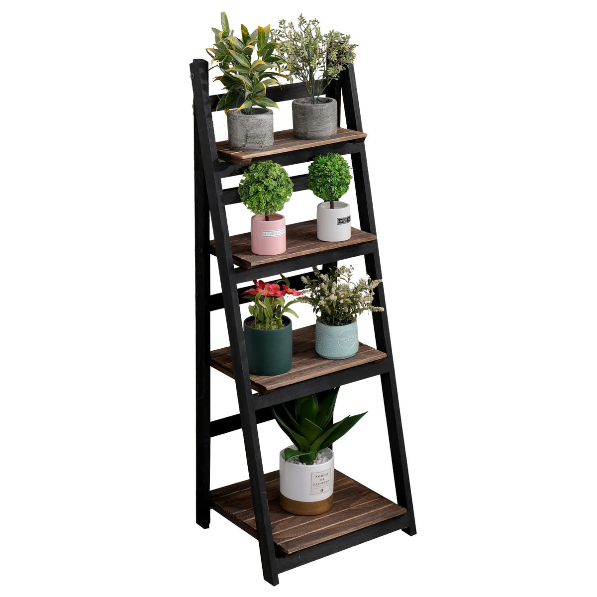 ACEHOME 4 Tier Ladder Shelf, Home Office Ladder Bookshelf 45.7 Inch, Solid Wood Bookcase, Freestanding Storage Organizer Rack, Industrial Shelf with for Bedroom, Living Room, Home Office-Black+Brown