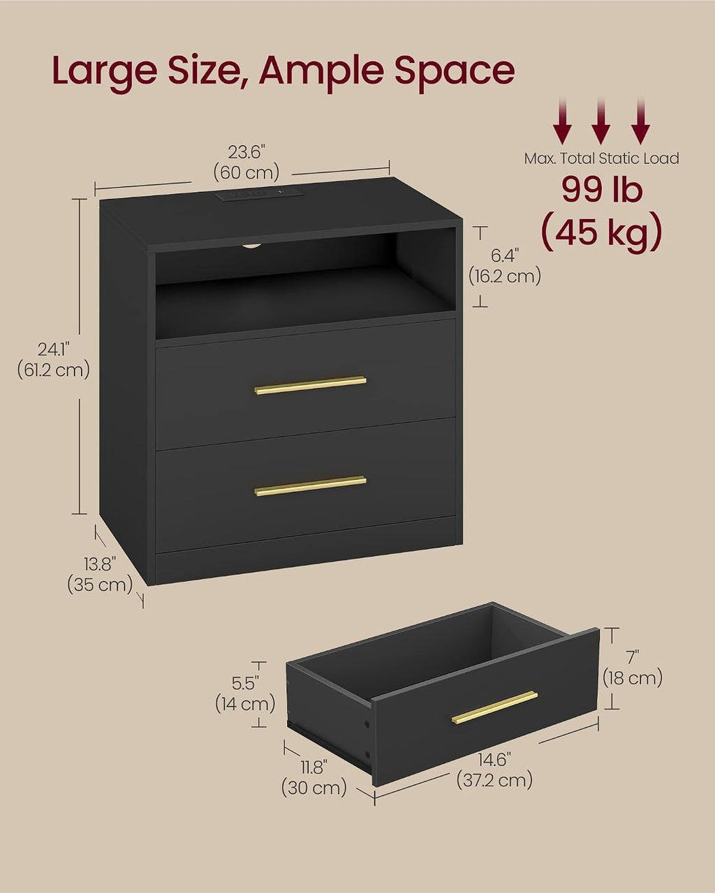 VASAGLE 23.6‑Inch Wide Nightstands, Set of 2, LED Lights, 2 Drawers