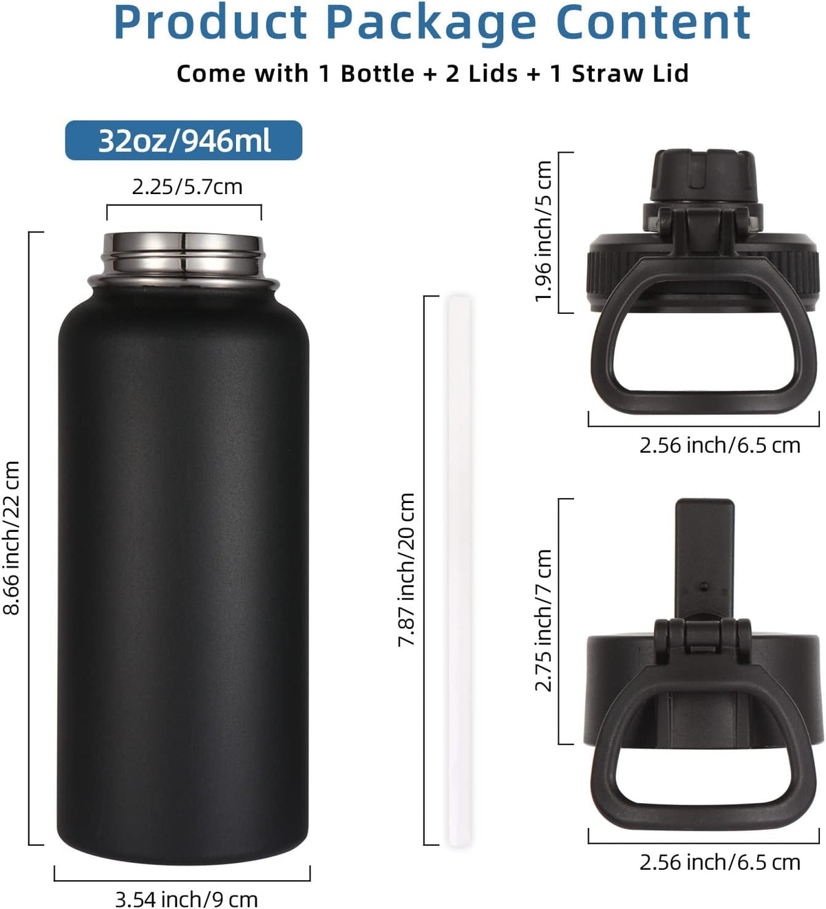 Volhoply 32oz Insulated Water Bottle with Straw Lid, Black, 8-Pack