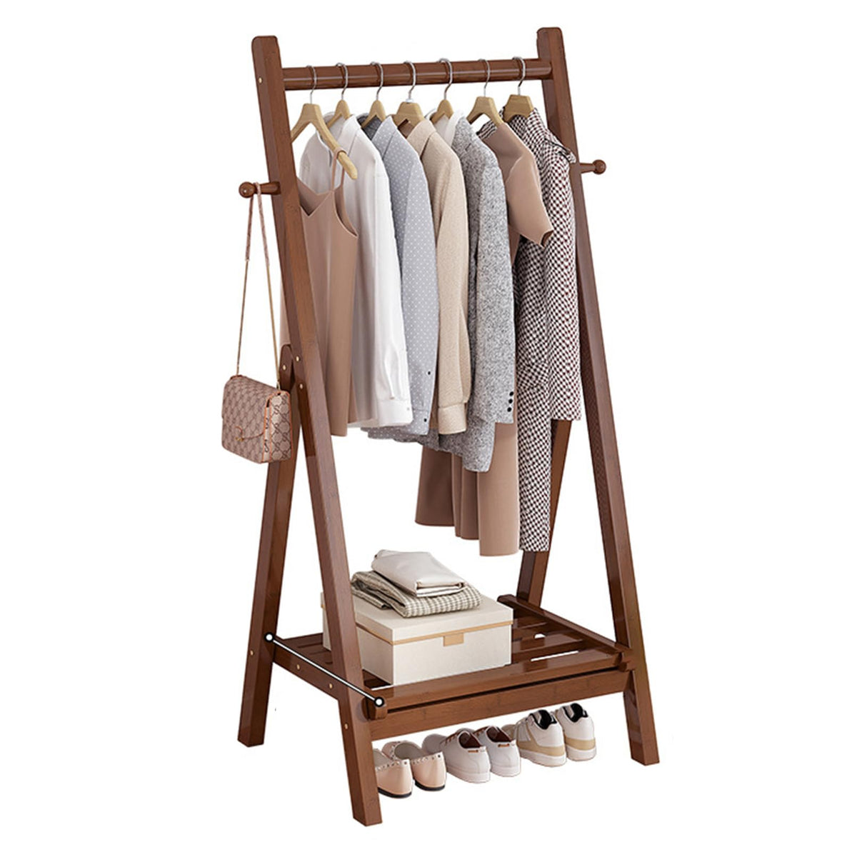Unique Coat Rack Stand, Bamboo Clothing Rack Foldable Clothes Hanging Stand with Storage Shelf for Laundry, Guest Room, Apartment, Entryway