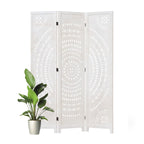 66.9Inch Folding Room Divider, 3 Panels Wood Carved Privacy Screens, Free Assembled Freestanding Partition for Home Office Restaurant Bedroom (White-Washed)