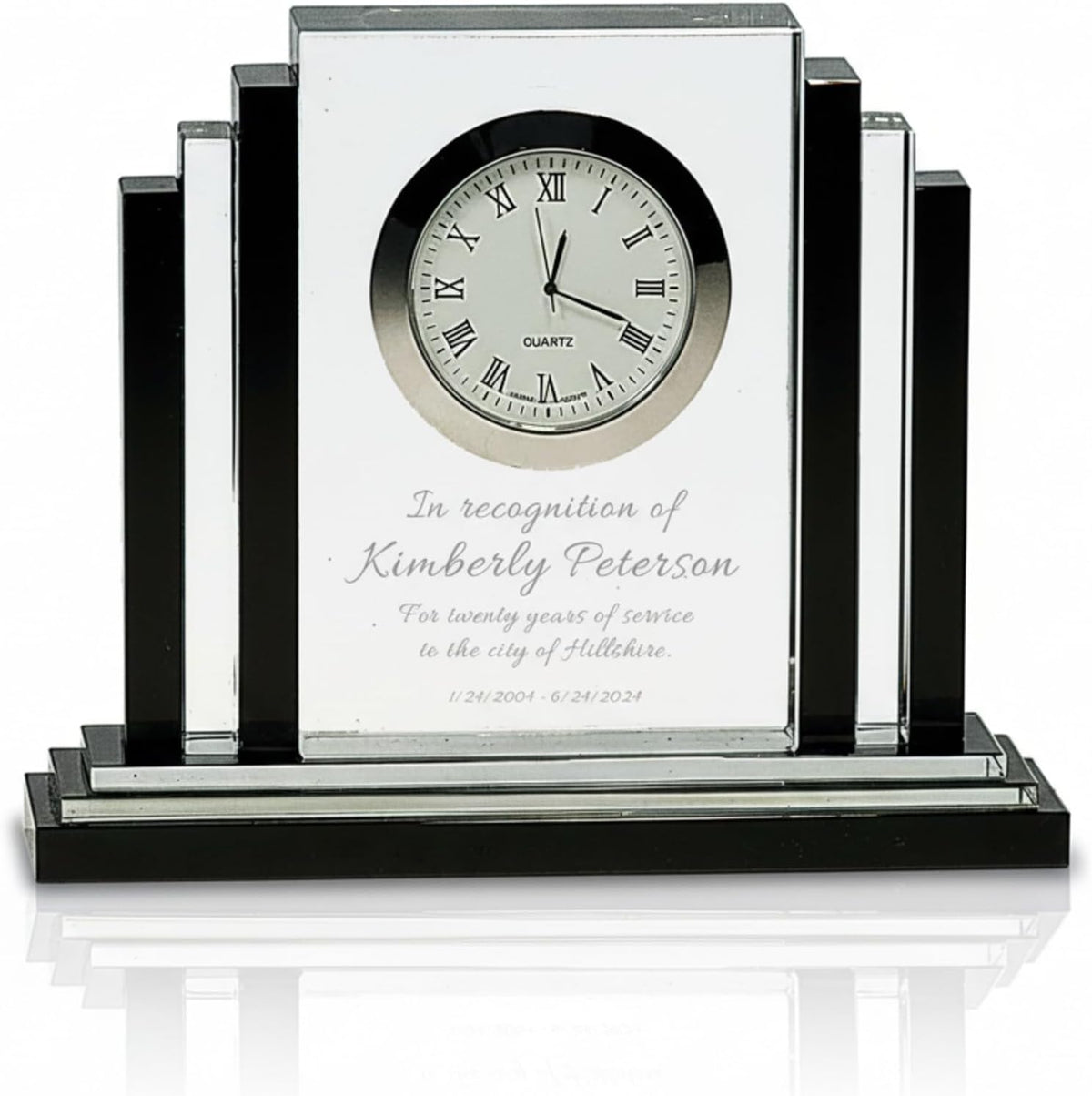 Personalized 6" Crystal Desk Clock with Black Trim Award, Custom Engraved Glass Clock for Employee Appreciation, Recognition, Retirement, Teachers