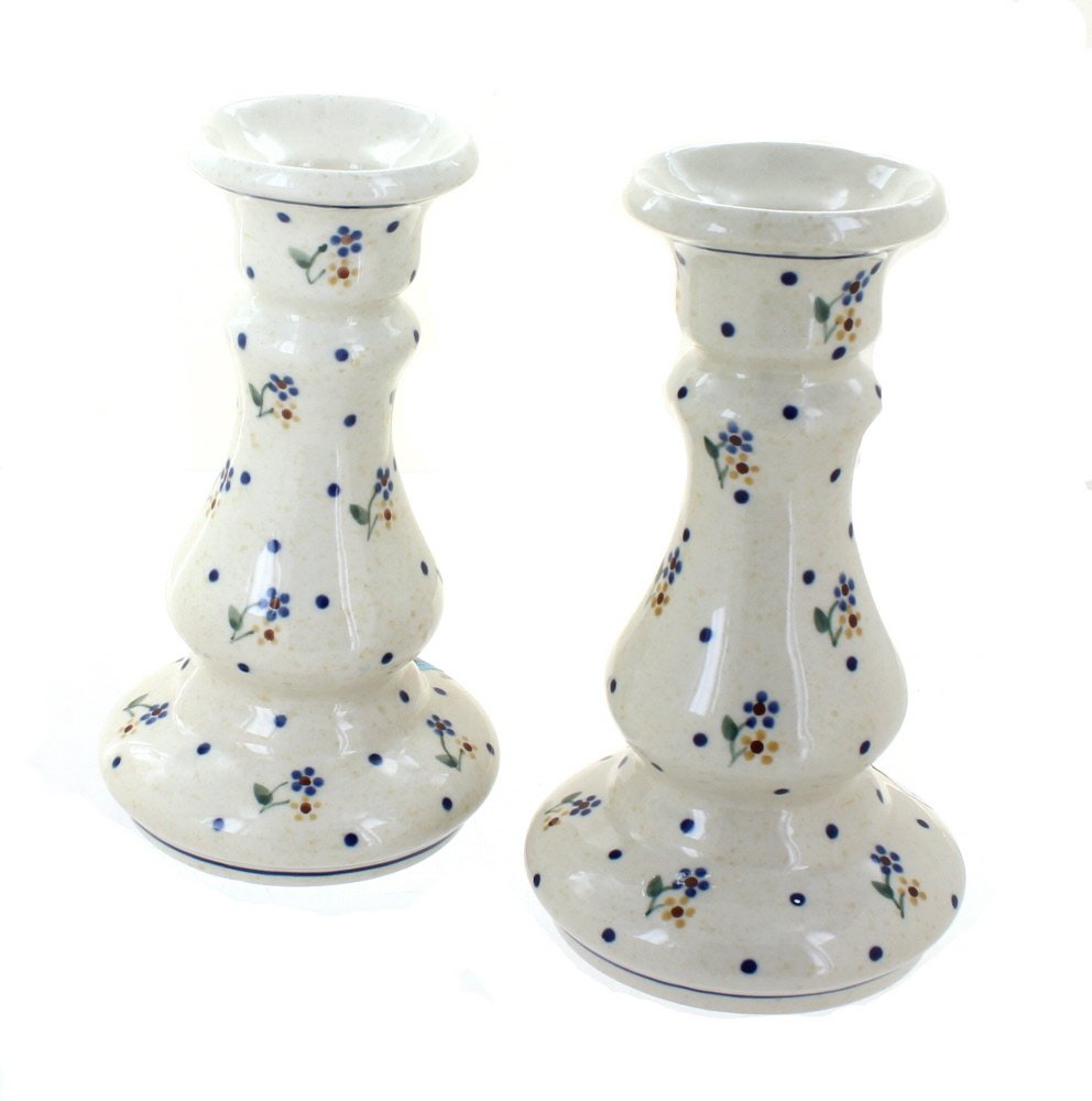 Blue Rose Polish Pottery - Green Mosaic Flower Candlestick Pair - 8" Tall - Hand-Painted Polish Pottery Ceramic Candle Holders