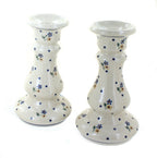Blue Rose Polish Pottery - Green Mosaic Flower Candlestick Pair - 8" Tall - Hand-Painted Polish Pottery Ceramic Candle Holders