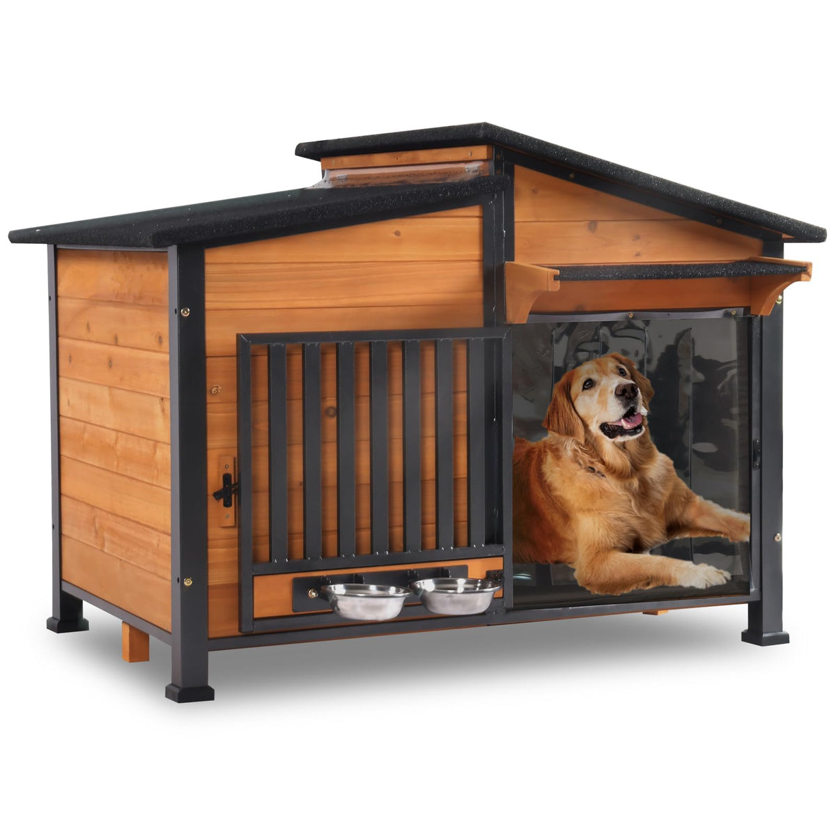 GUTINNEEN Heated Dog House Outdoor Insulated Dog House Weatherproof Dog Kennel with Thermostat-Controlled Heating Pad, 6-Sided Thermal Liner, Chew-Proof Metal Frame for Dogs