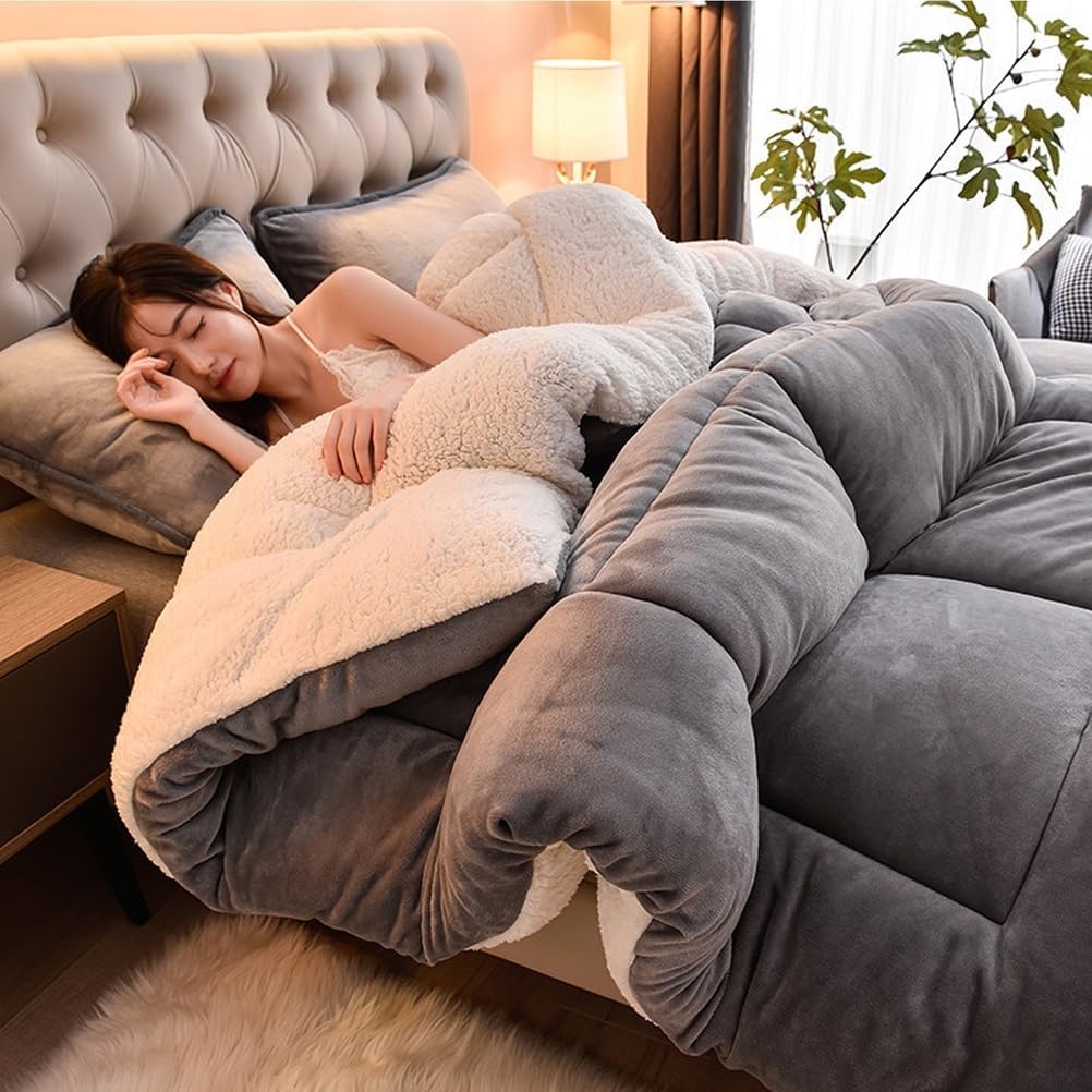 Thickened Super Warm Winter Quilt,Imitation Cashmere Super Warm Double-Sided Velvet Quilt Fluffy Plush Comforter Blanket for Cold Weather,Light Gray,200x230cm/5kg
