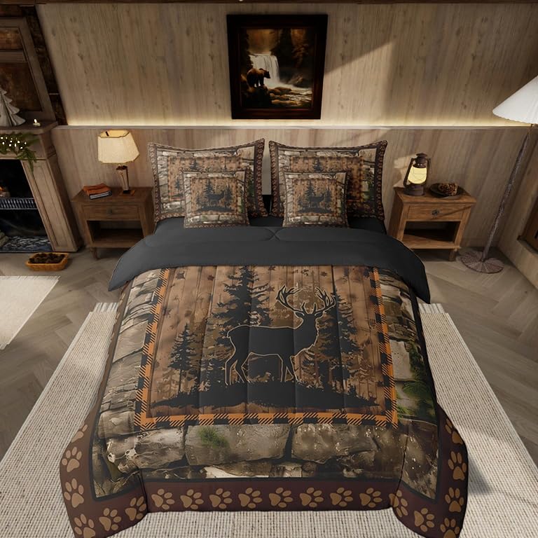 Feelyou Deer Comforter Set with Sheets King Size 7 piece Kids Rustic Deer Hunting Bedding Set Cabin Lodge Deer Bed in a Bag Farmhouse Nature Wildlife Antlers Brown Bed Set