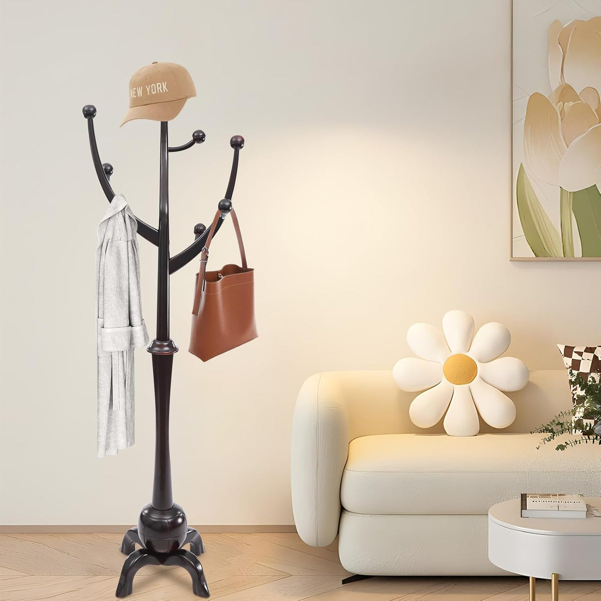 Freestanding Coat Rack with 8 Hooks, 70 Inch Wooden Clothes Rack Floor Coat Tree Modern Clothes Rack Stand Black Red for Entrance Bedroom Living Room