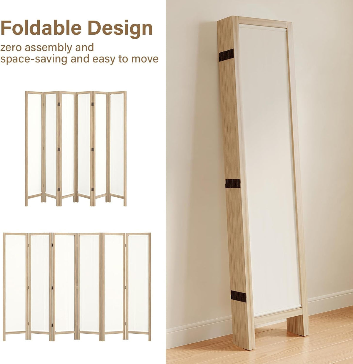 Linen Room Divider Privacy Screen, Foldable Wood Frame Partition Room Dividers with Removable Linen Fabric Curtain, Room Divider Panel, Zero Assembly for Home, Office, or Studio Natural 6 Panel