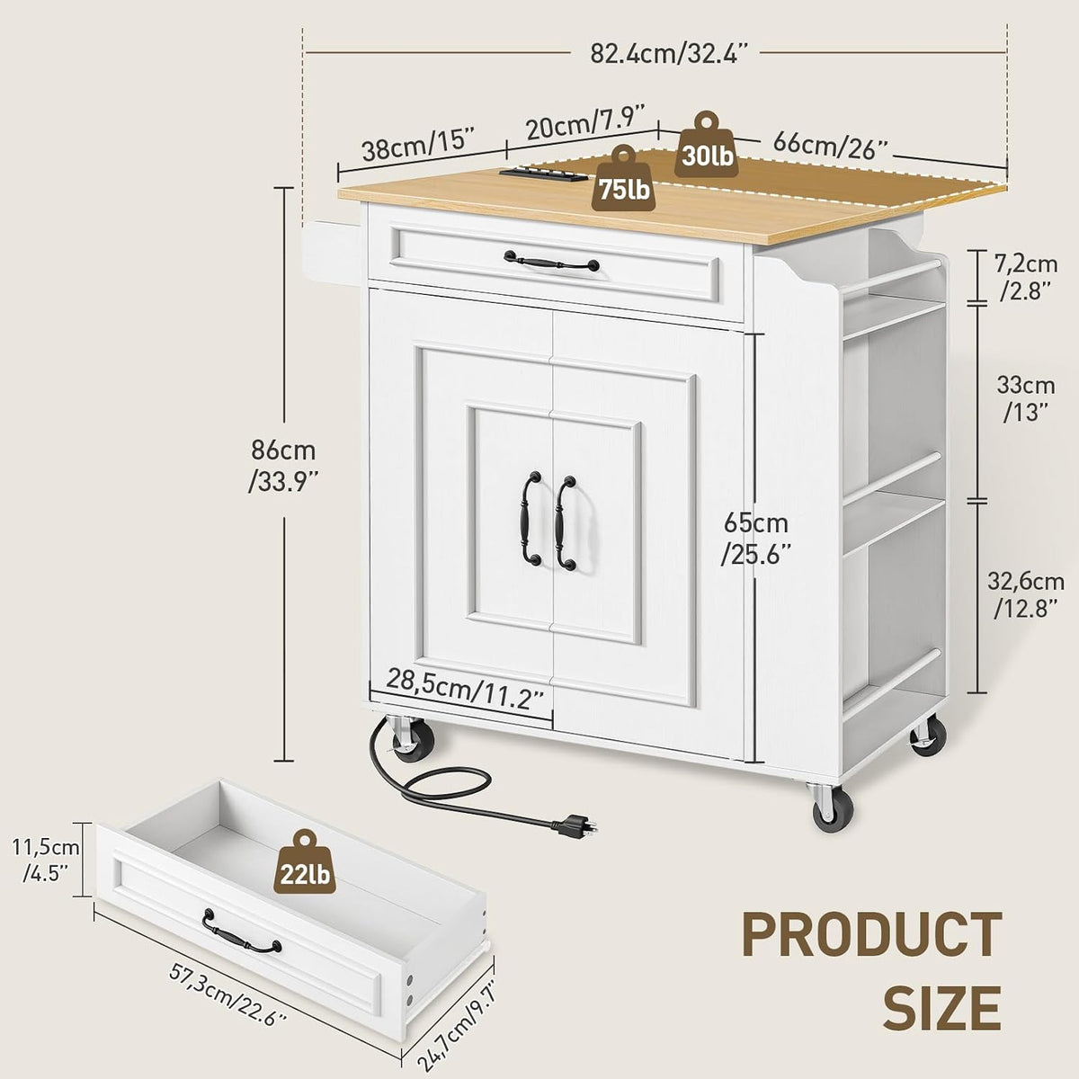 RALGEND Kitchen Island with Power Outlets & Drop Leaf, Small Rolling Kitchen Cart on Wheels, Kitchen Storage Island with Spice Rack, Mobile Island Table for Kitchen, Dinning, White and Natural