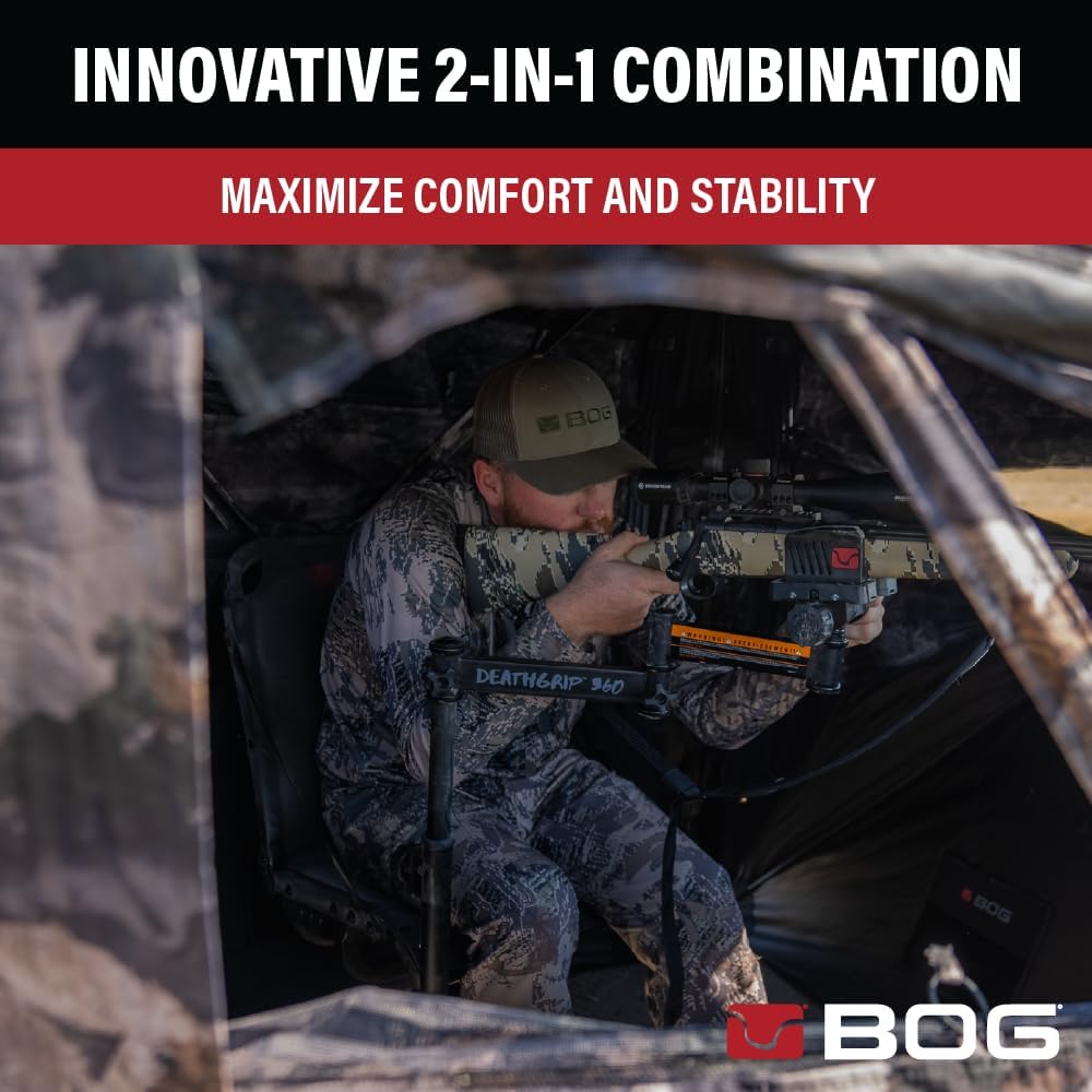 BOG DeathGrip 360 Chair with Lightweight Aluminum Construction, 4 Extendable Legs, DeathGrip Universal Gun Rest, 360 Adjustable Pivoting Seat, and Hands-Free Use During Hunting, Shooting, and Outdoors